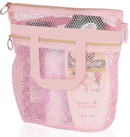 Portable Shower Tote Bag Transparent Mesh Cosmetic Bag Travel Toiletry Bag Mesh Beach Bag (Color: pink)